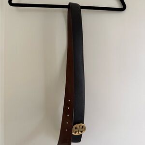Tory Burch Black / Brown Reversible Belt with Gold Logo Buckle